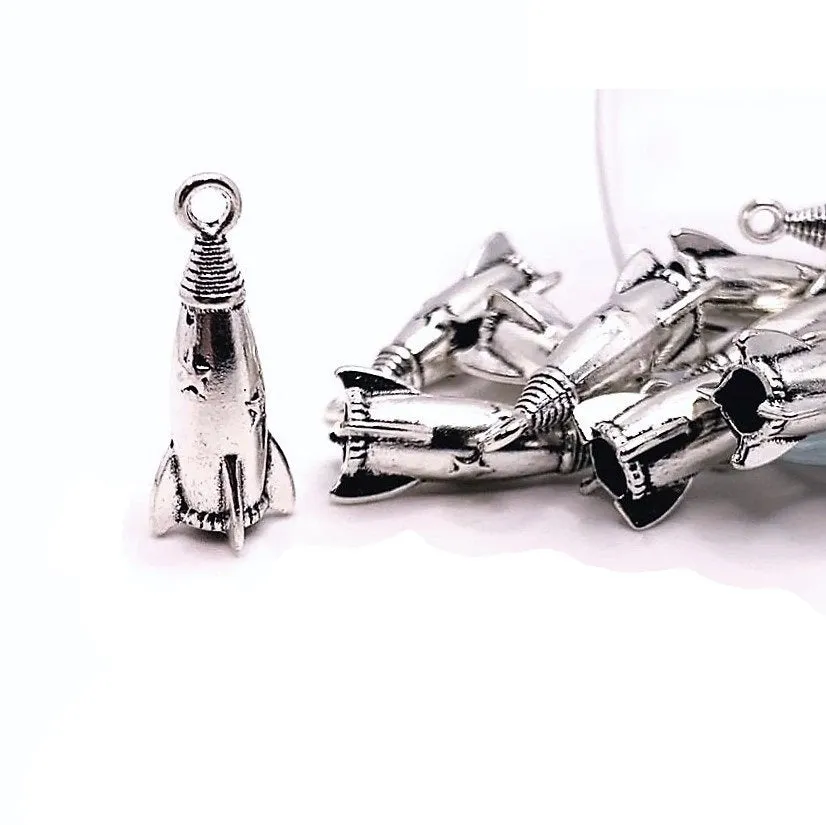 1, 4, 20 or 50 Pieces:  Silver 3D Rocket Ship Charms, Space Charm - 3D