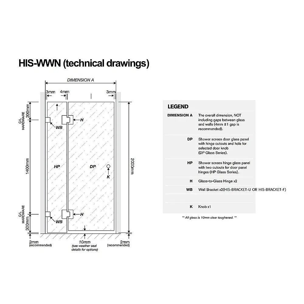 100cm Wall to Wall Frameless Shower Screen with Black Channel and Brass Hinges , Square Double Pull Handle