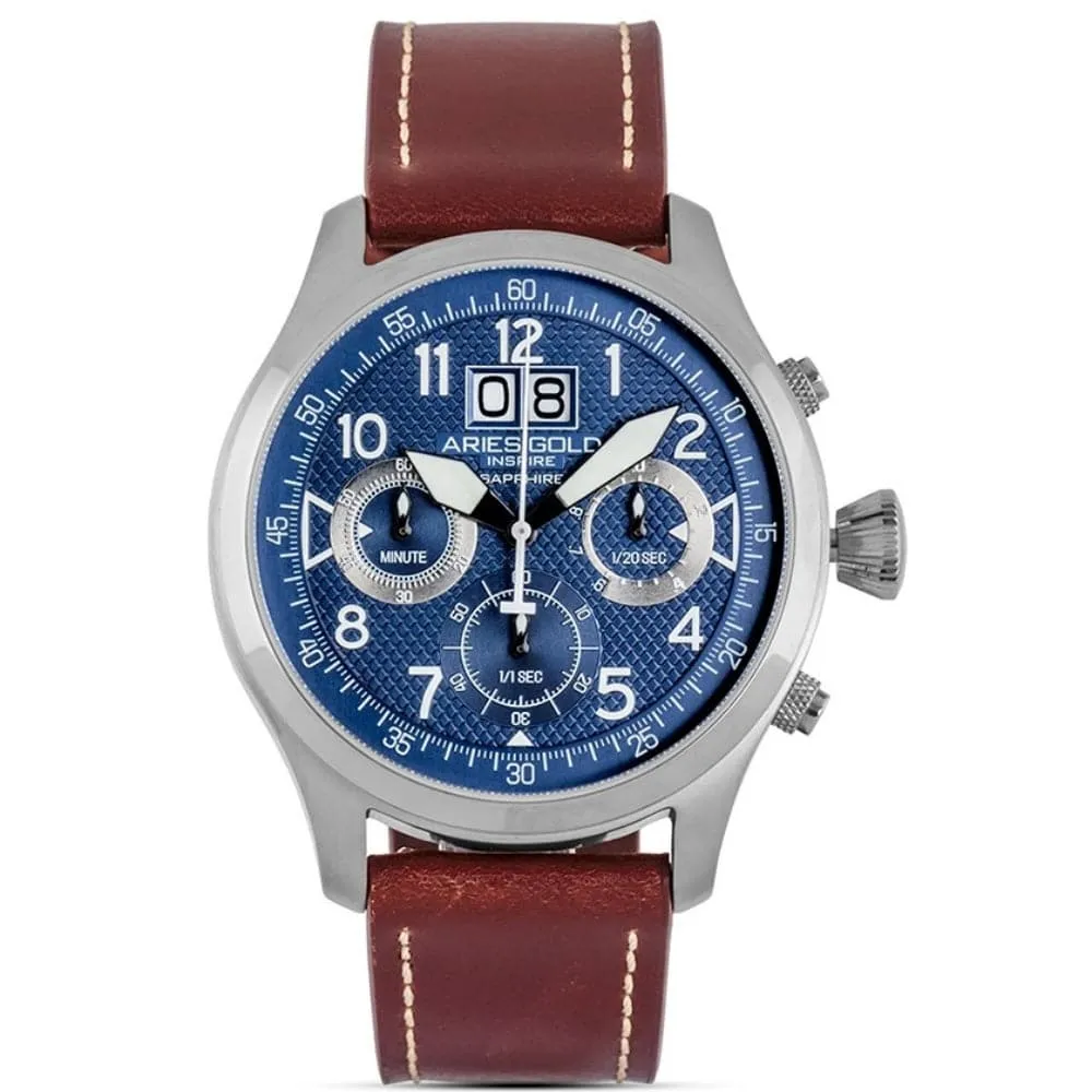 ARIES GOLD CHRONOGRAPH INSPIRE HURRICANE STAINLESS STEEL G 750A S-BU BROWN LEATHER STRAP MEN'S WATCH