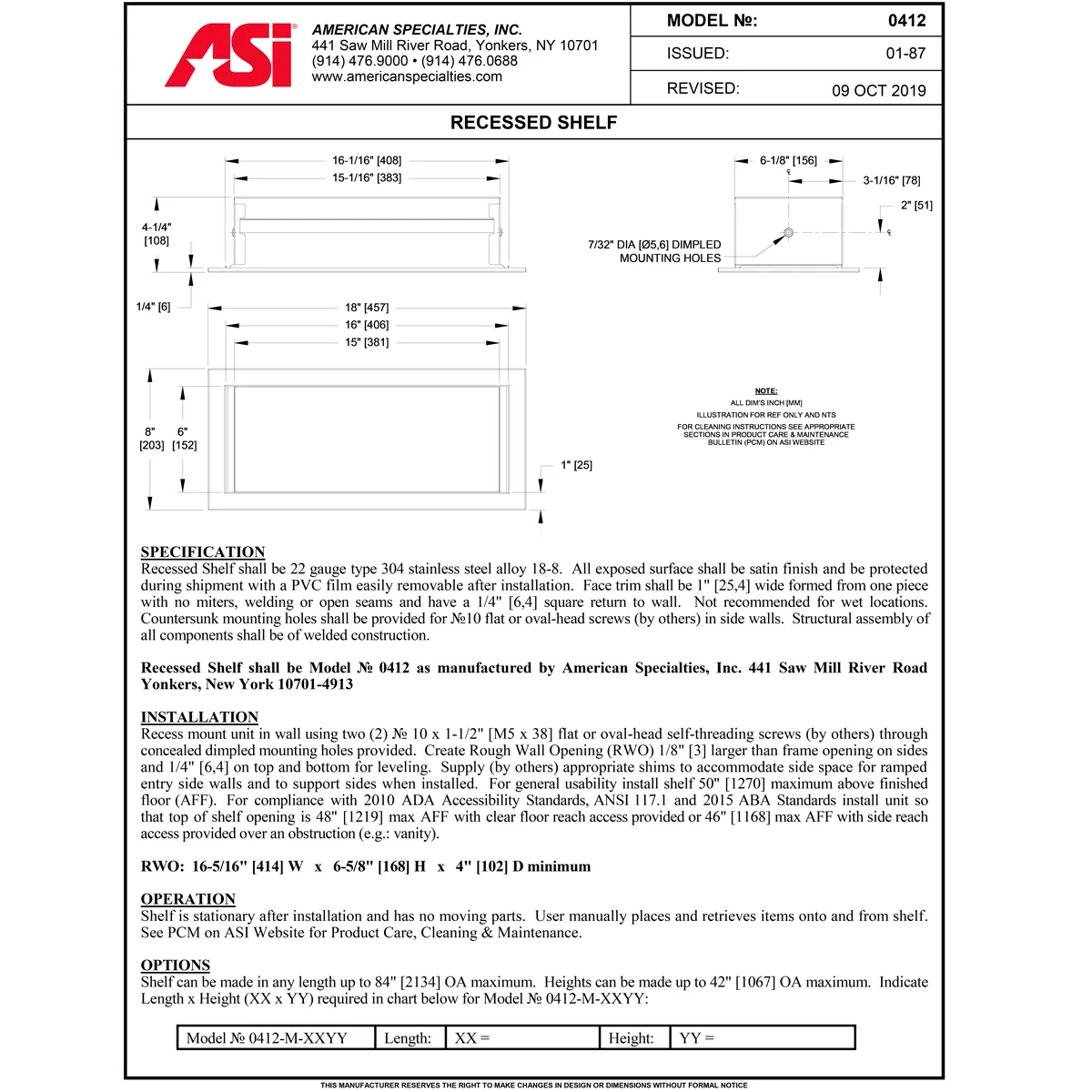 ASI 0412 Commercial Bathroom Shelf, 16-1/2" W x 6-1/2" H x 4" D, Recessed-Mounted, Stainless Steel