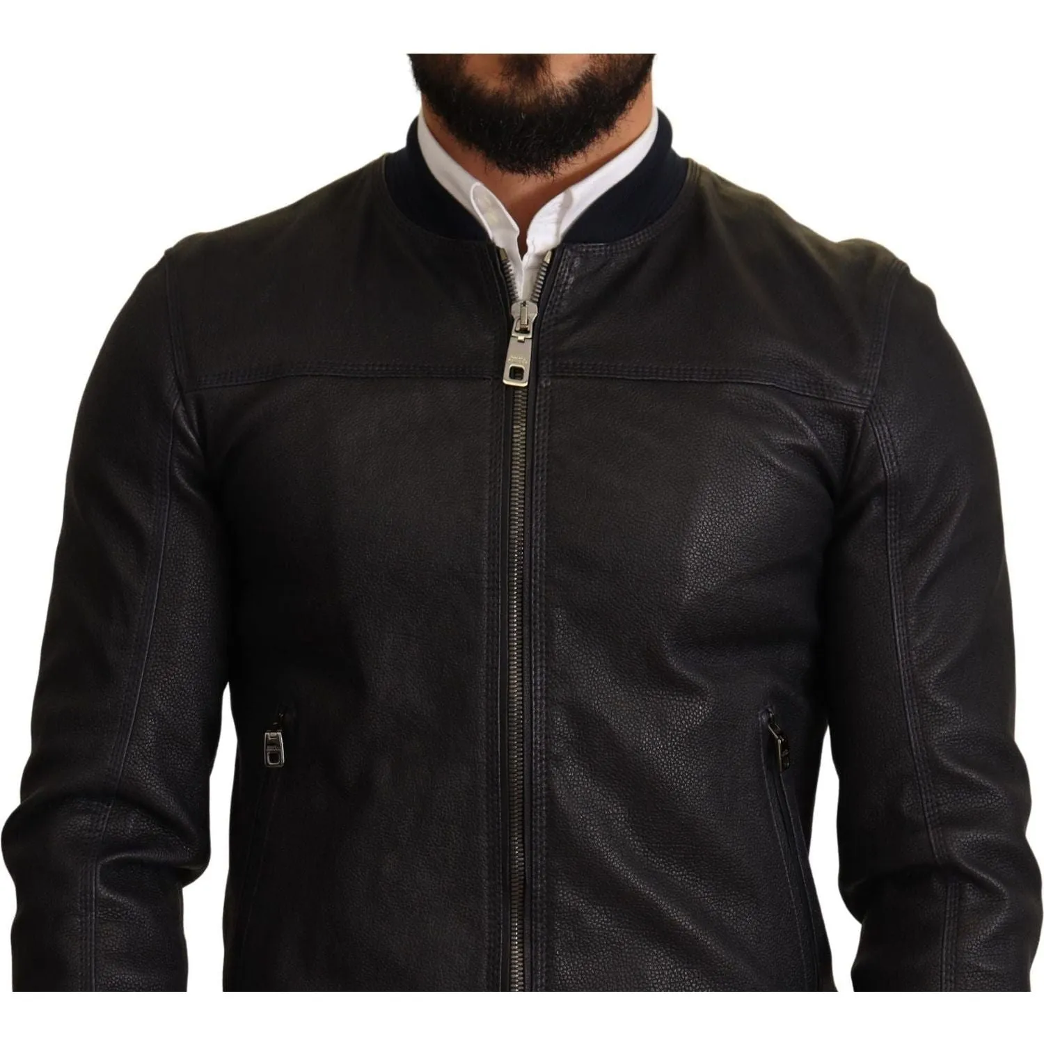 Dolce & Gabbana Elegant Leather Bomber Jacket in Dark Blue