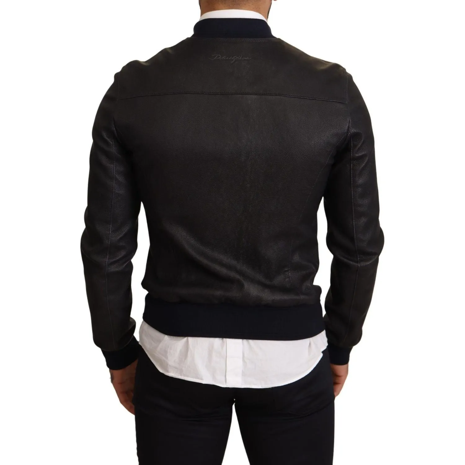 Dolce & Gabbana Elegant Leather Bomber Jacket in Dark Blue