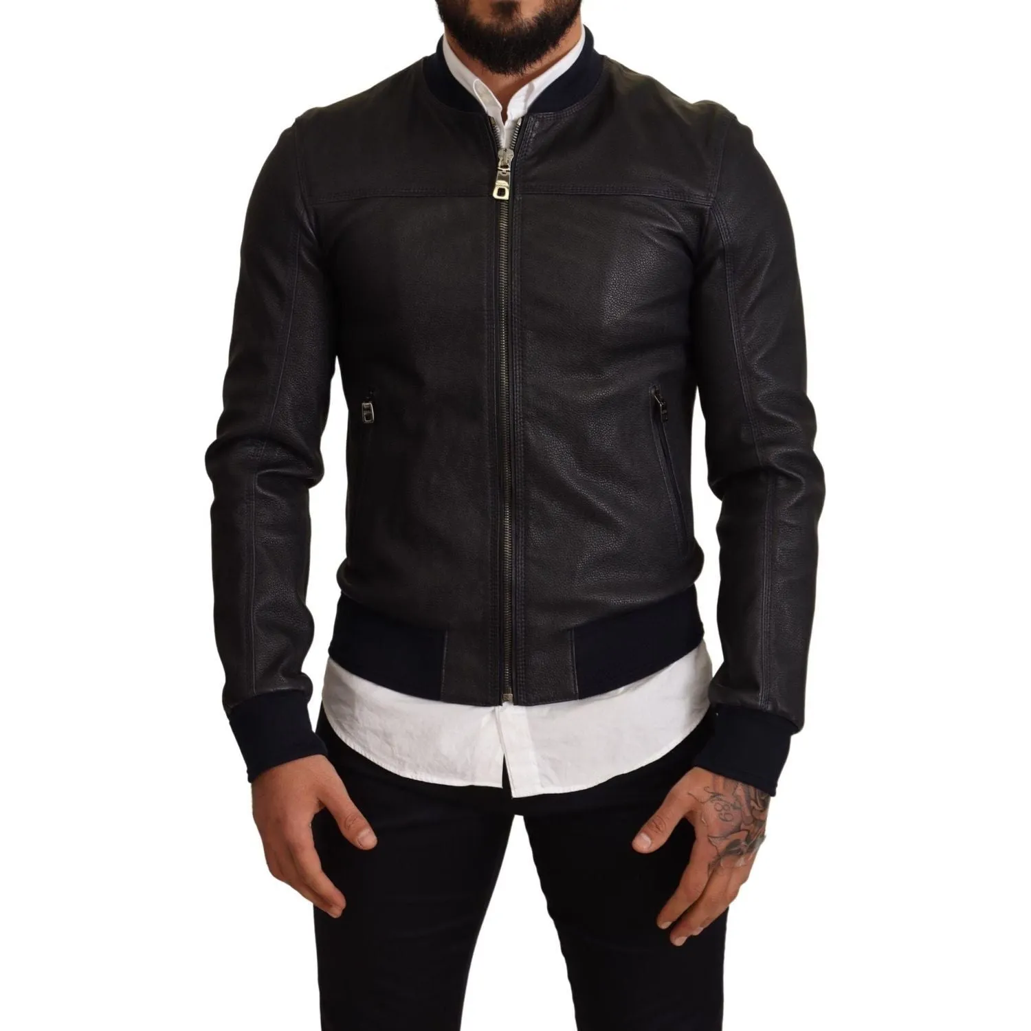 Dolce & Gabbana Elegant Leather Bomber Jacket in Dark Blue