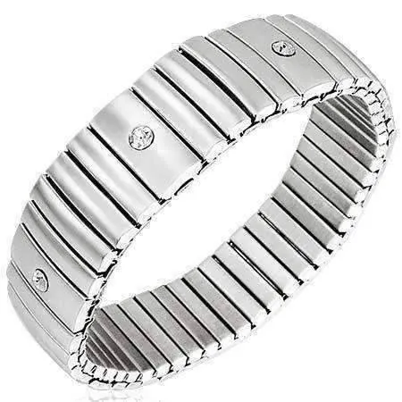 Domed Bar Segment Stainless Steel Stretch Link Bracelet with CZ Accents