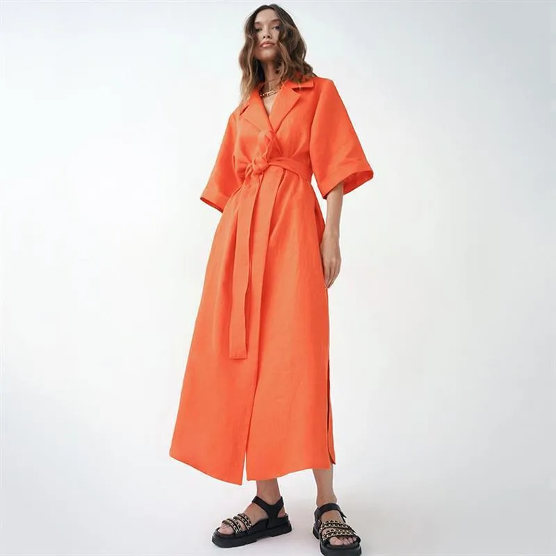 European Summer New Fashion Casual Women's Solid Color Slit Design A- Line Skirt Tailored Collar Dress