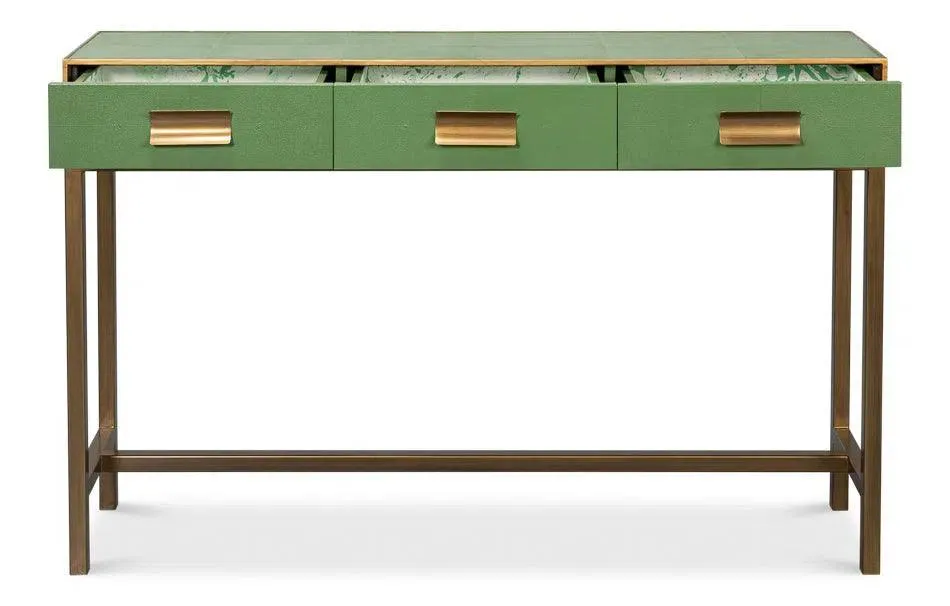 Gideon Wood and Shagreen Leather Green Rectangular Console Table