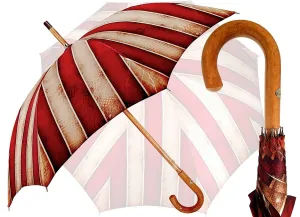 Handcrafted Umbrella - Striped Red And Cream - Shaded Colors - Malacca Wood-Handle