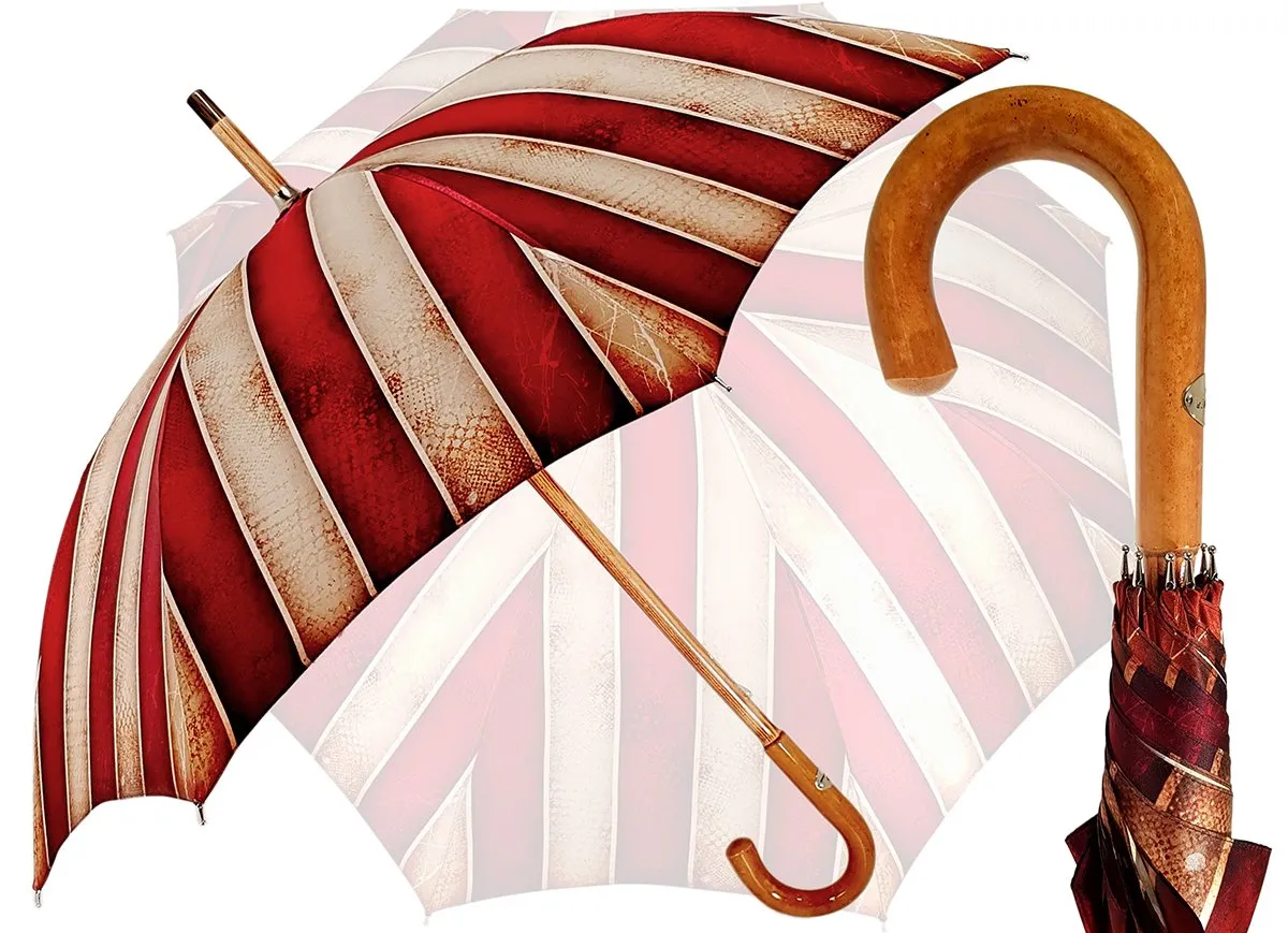 Handcrafted Umbrella - Striped Red And Cream - Shaded Colors - Malacca Wood-Handle