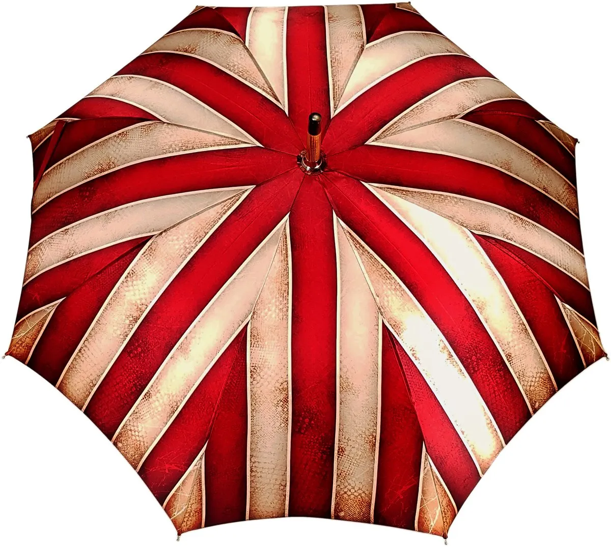 Handcrafted Umbrella - Striped Red And Cream - Shaded Colors - Malacca Wood-Handle