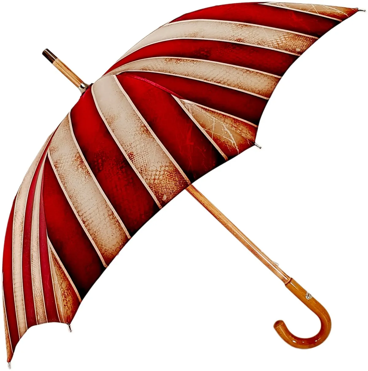 Handcrafted Umbrella - Striped Red And Cream - Shaded Colors - Malacca Wood-Handle