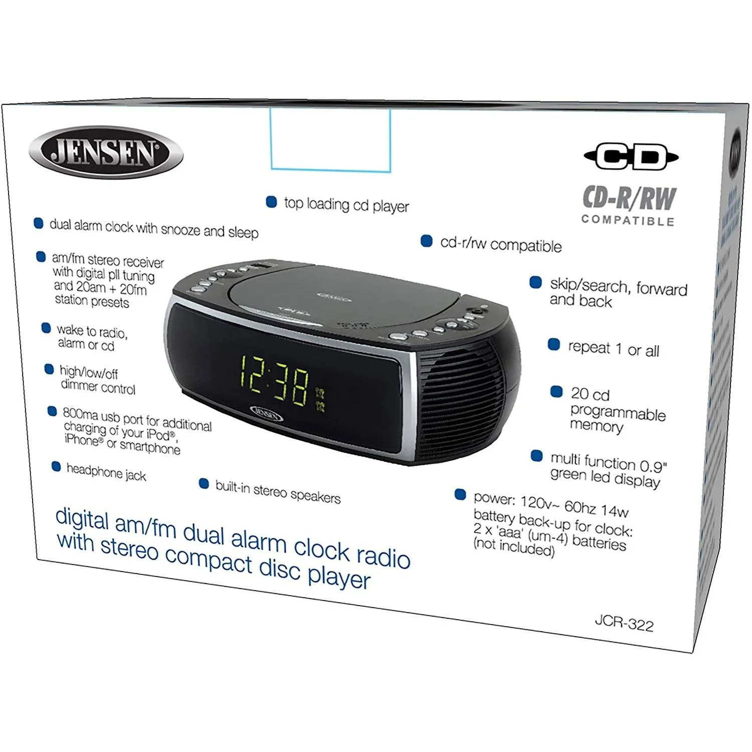 Jensen Modern Home CD Tabletop Stereo Clock Digital AM/FM Radio CD Player