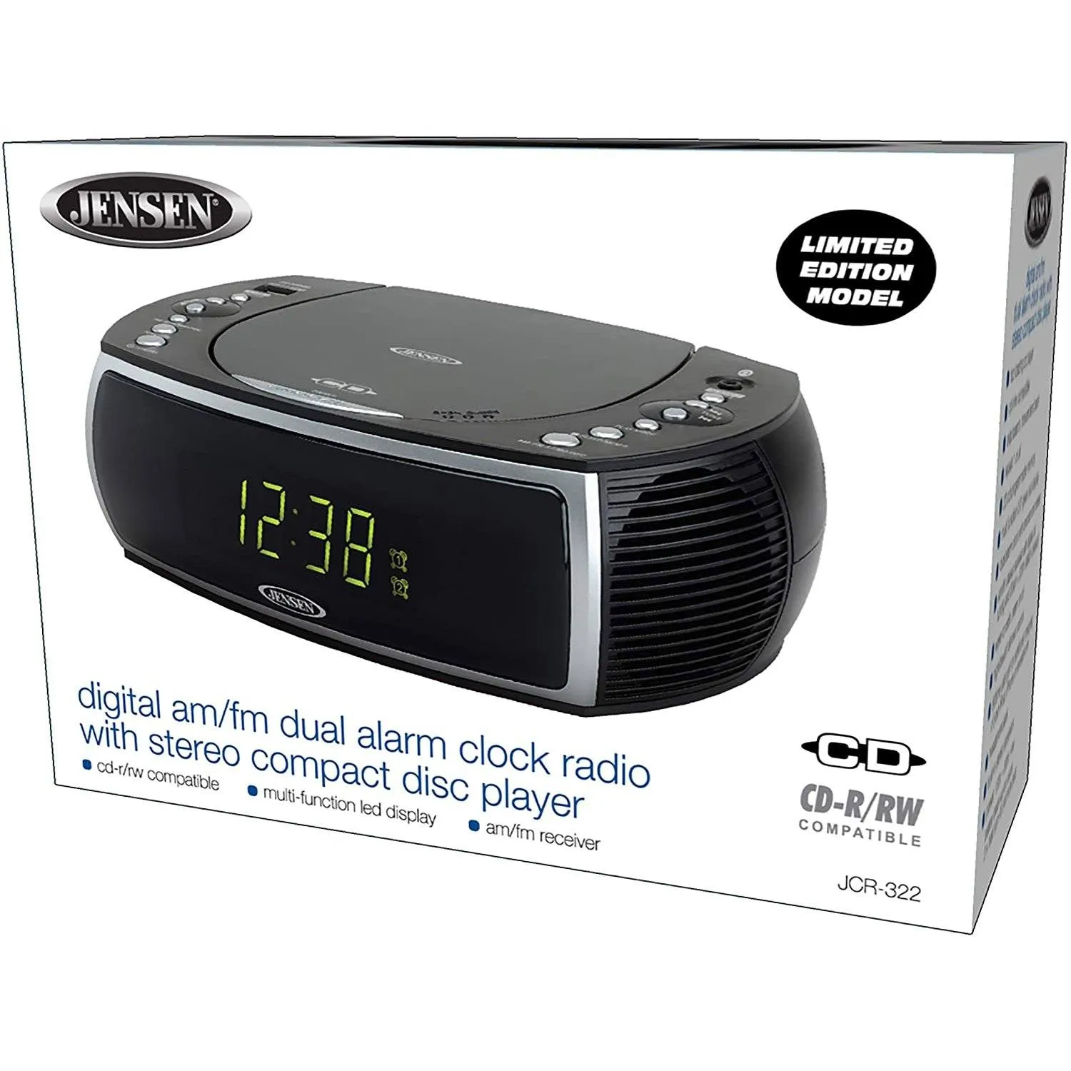 Jensen Modern Home CD Tabletop Stereo Clock Digital AM/FM Radio CD Player