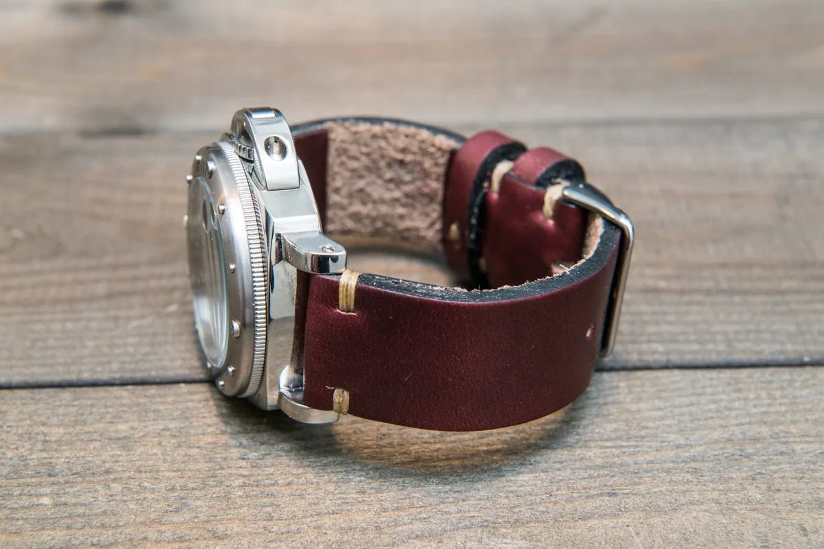 Leather watch strap 3-4 mm thick, Horween Burgundy Chromexcel, handmade in Finland -  16mm, 17 mm, 18mm, 19 mm, 20mm, 21mm, 22mm, 23 mm, 24mm, 25 mm, 26 mm.