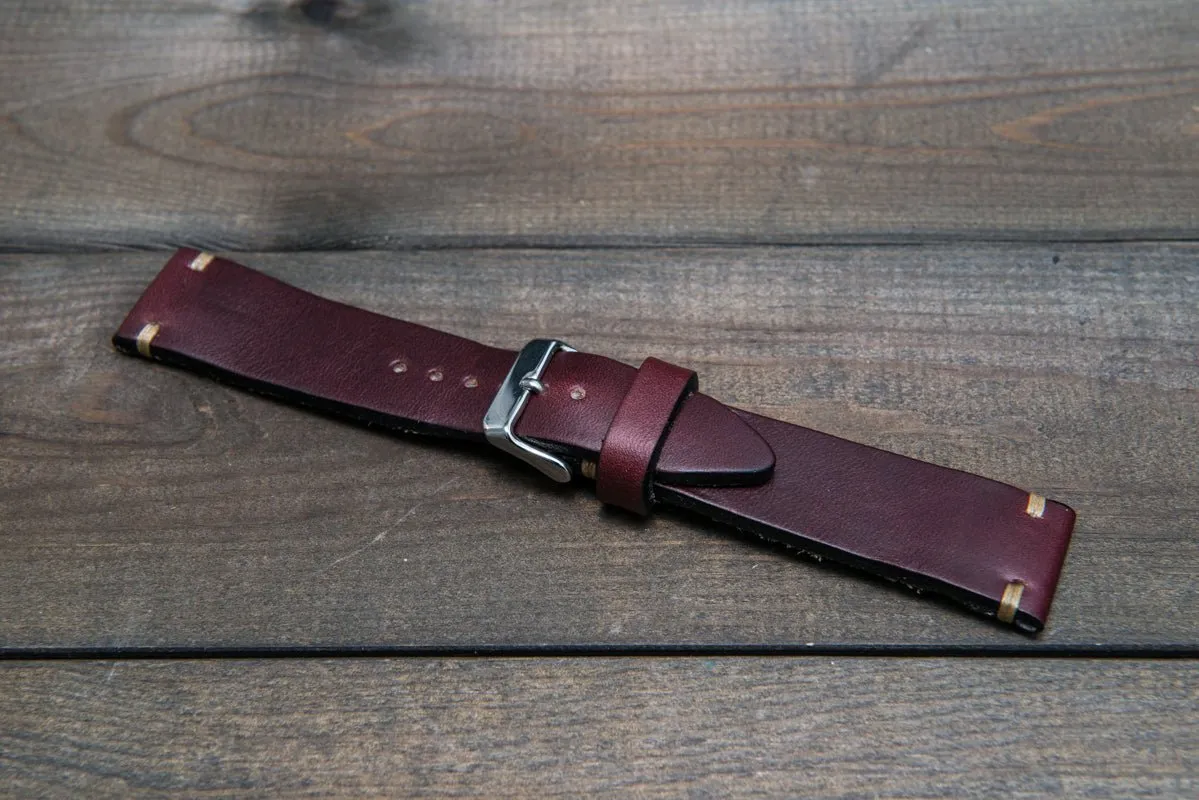 Leather watch strap 3-4 mm thick, Horween Burgundy Chromexcel, handmade in Finland.