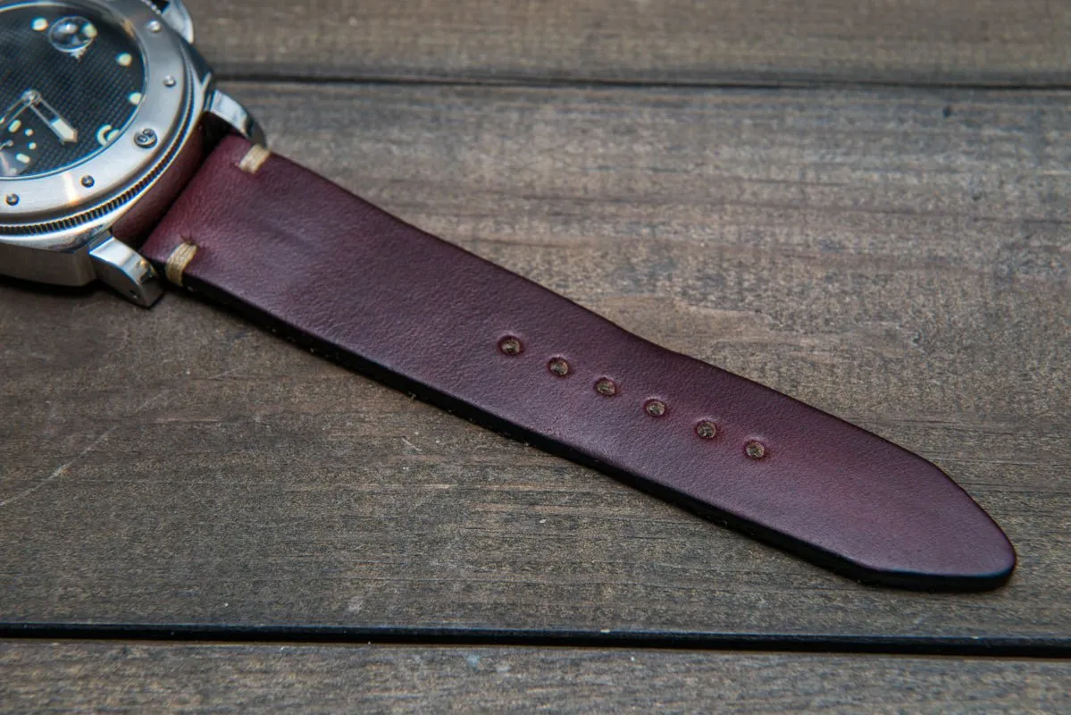 Leather watch strap 3-4 mm thick, Horween Burgundy Chromexcel, handmade in Finland.