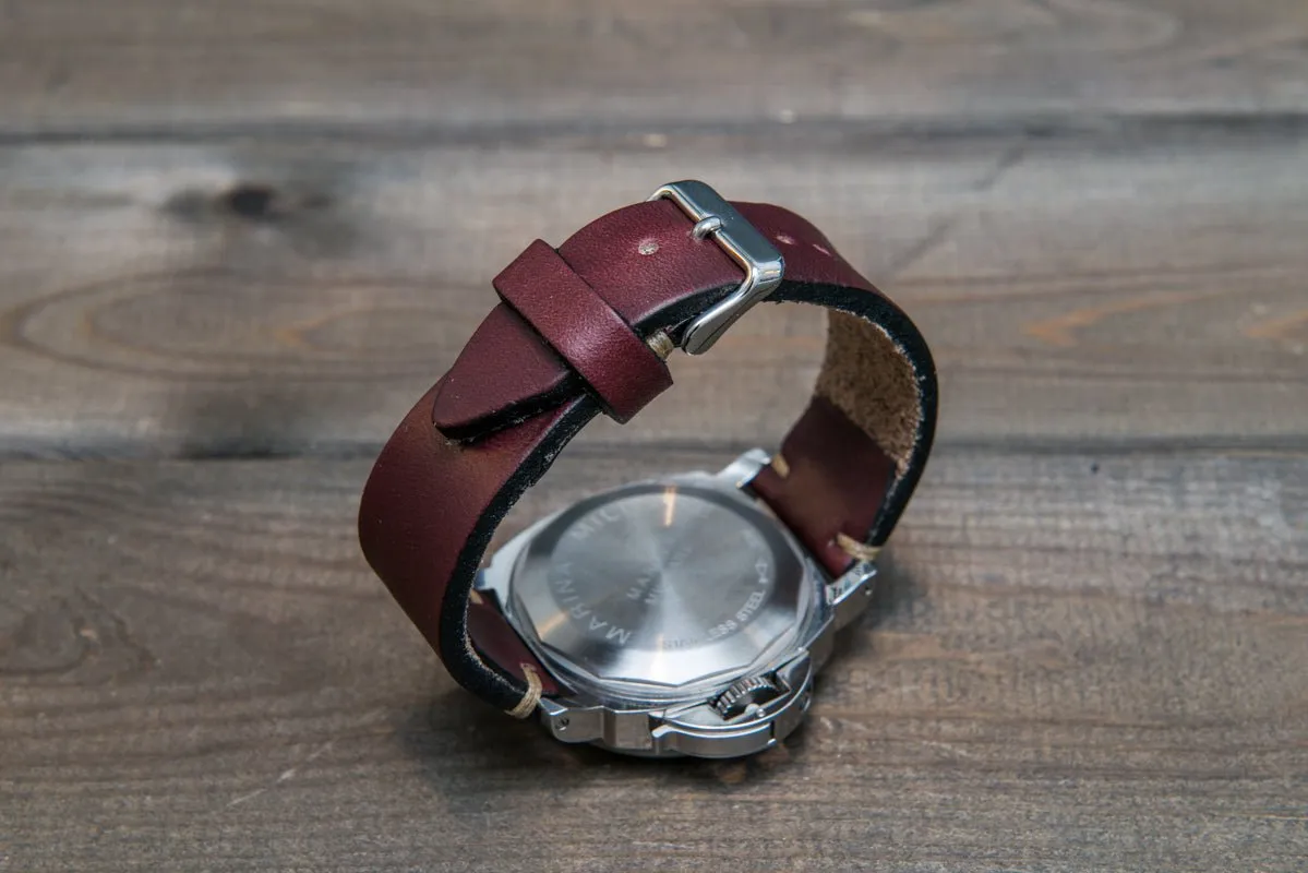 Leather watch strap 3-4 mm thick, Horween Burgundy Chromexcel, handmade in Finland.