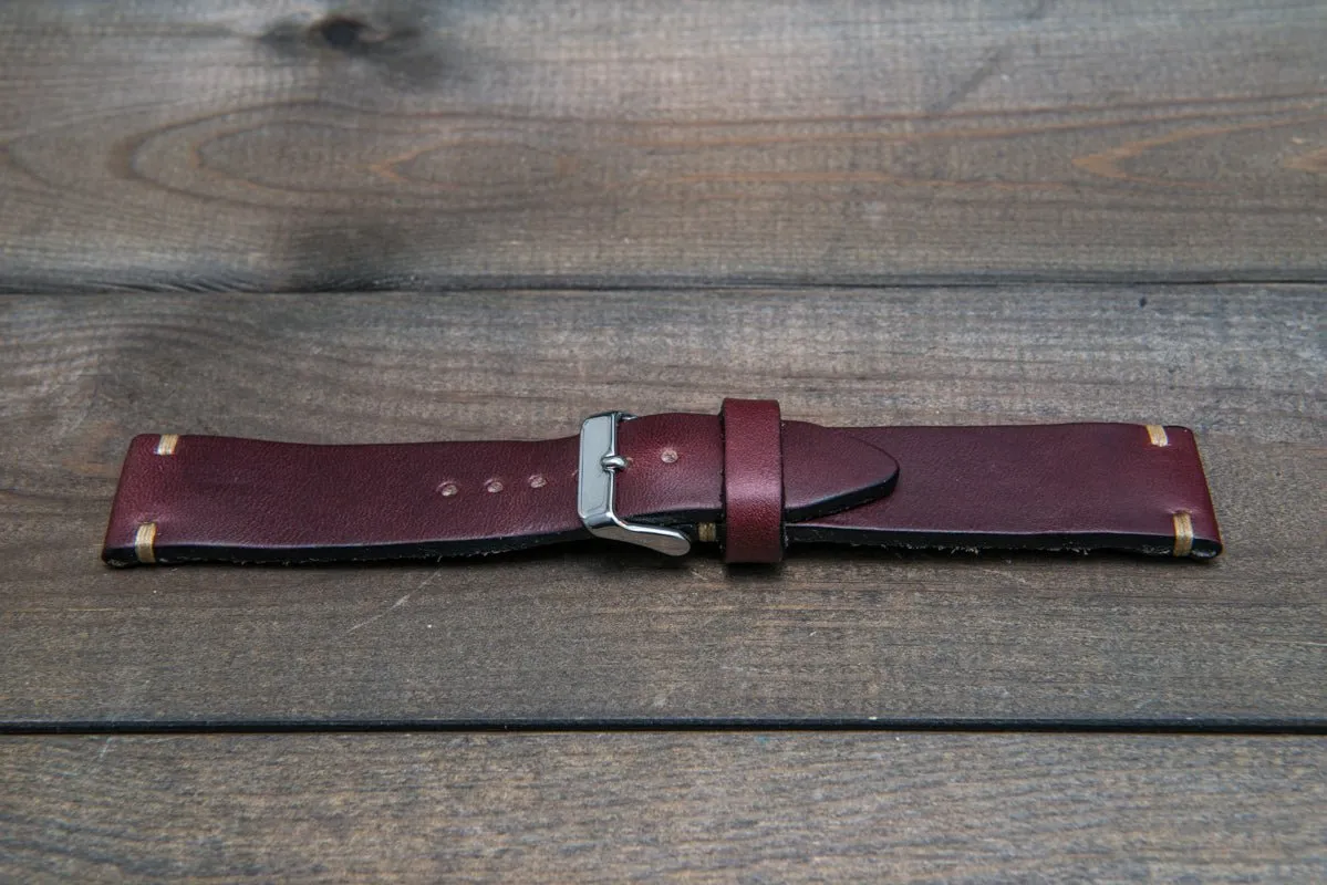 Leather watch strap 3-4 mm thick, Horween Burgundy Chromexcel, handmade in Finland.