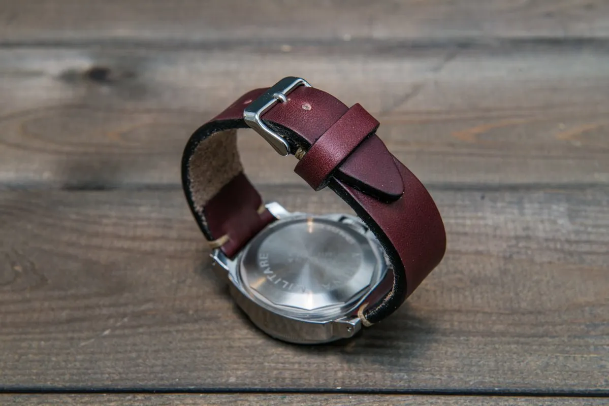 Leather watch strap 3-4 mm thick, Horween Burgundy Chromexcel, handmade in Finland.