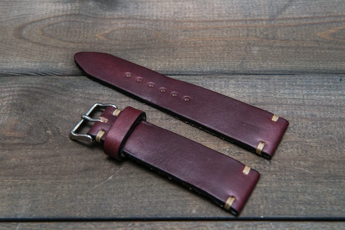 Leather watch strap 3-4 mm thick, Horween Burgundy Chromexcel, handmade in Finland.