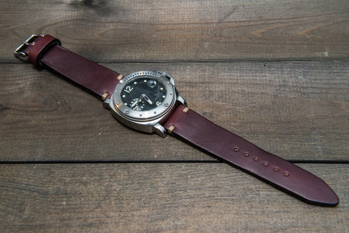 Leather watch strap 3-4 mm thick, Horween Burgundy Chromexcel, handmade in Finland.