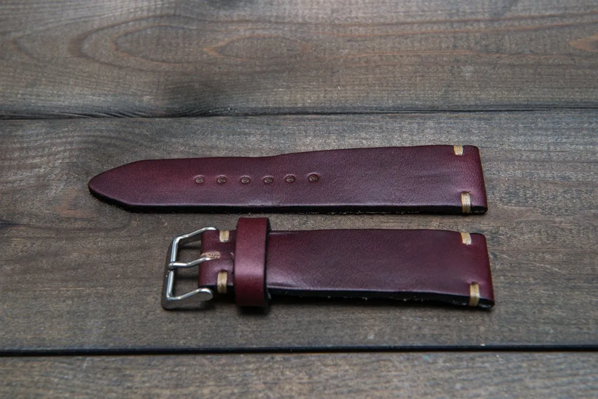 Leather watch strap 3-4 mm thick, Horween Burgundy Chromexcel, handmade in Finland.