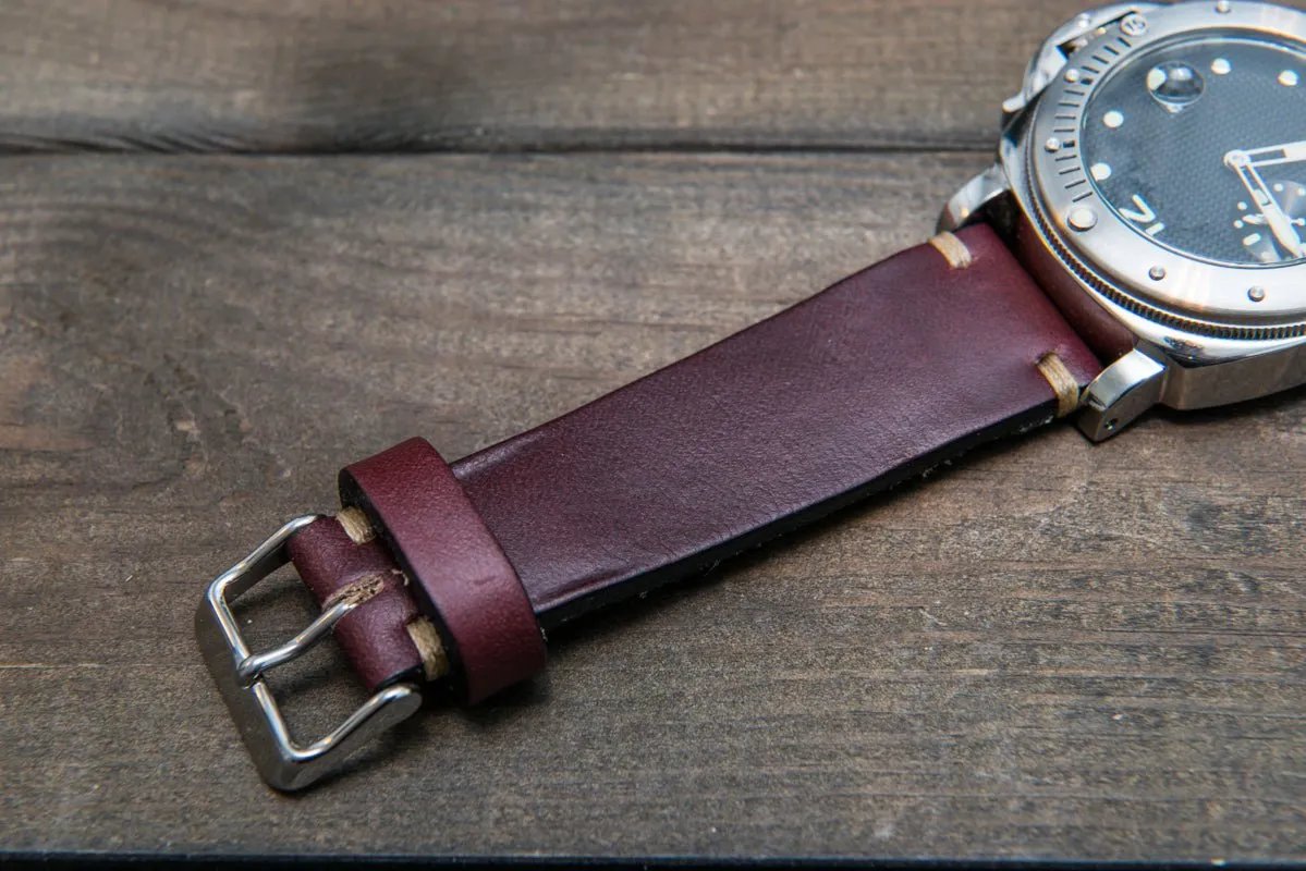 Leather watch strap 3-4 mm thick, Horween Burgundy Chromexcel, handmade in Finland.