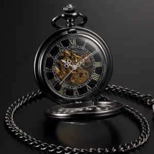 Men Women Steampunk Skeleton Mechanical Black Gold Open Face Retro Pendant Pocket Watch