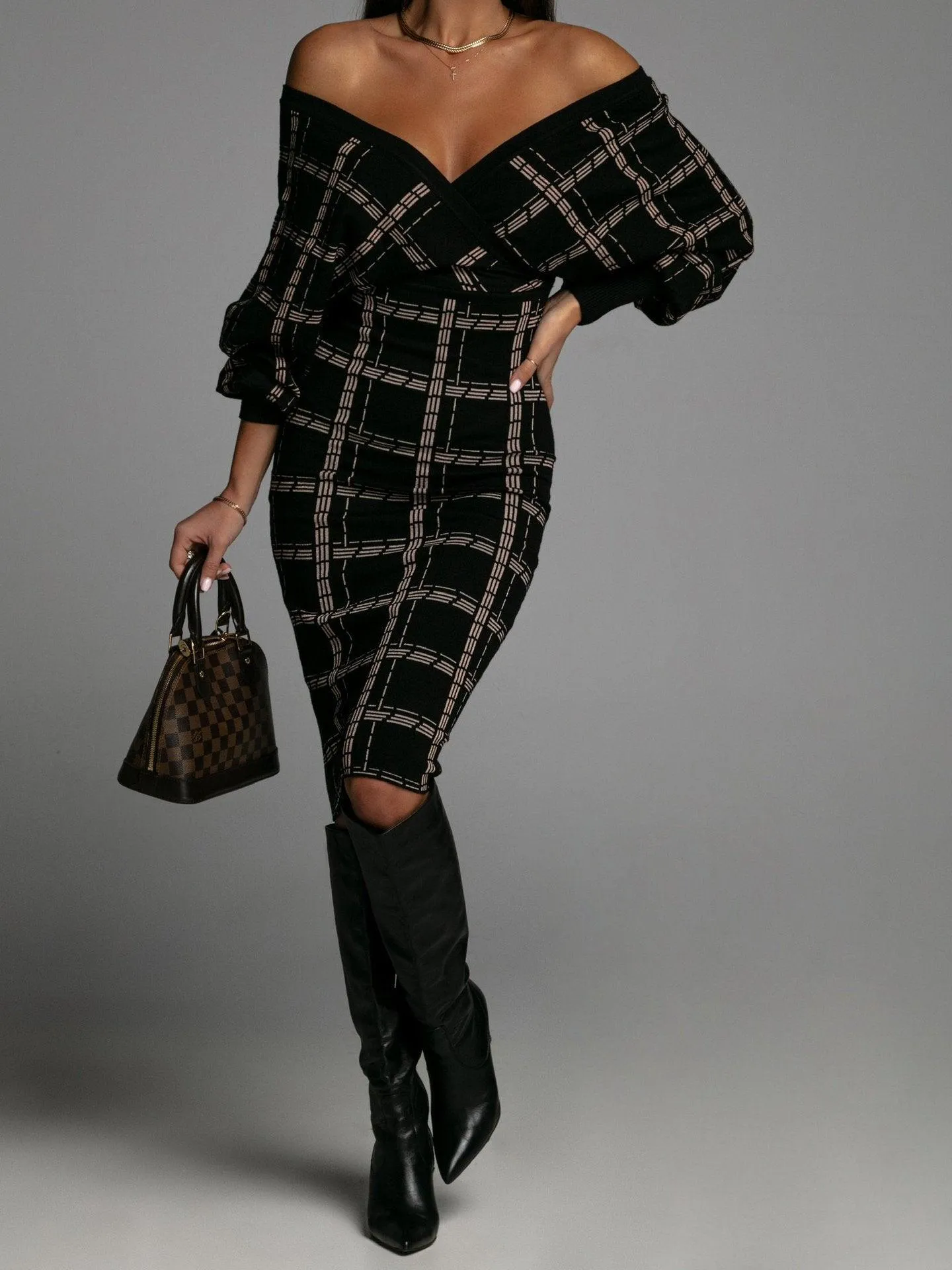 Plaid Batwing Sleeve Sexy Bodycon Dress