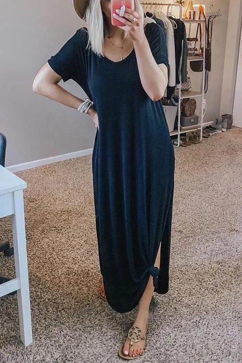 V Neck Side Slit Maxi Dress