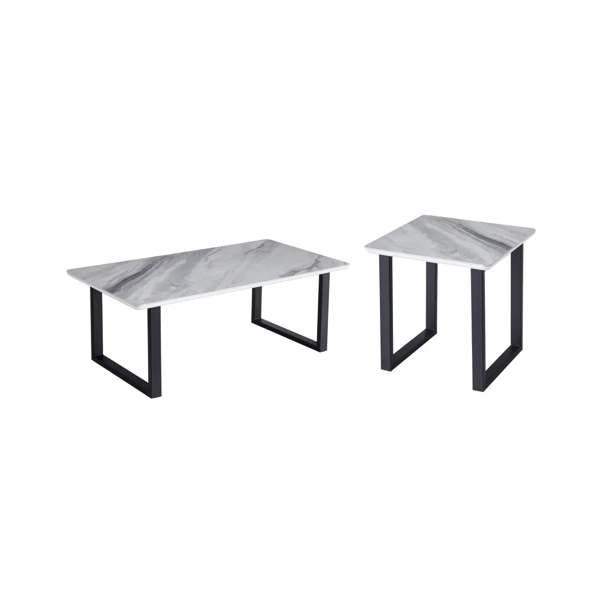 White Marble Look End Table with Black Metal Legs - Modern Design