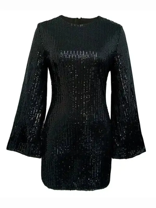 Women’s sequin bell sleeve fashionable casual shiny dress