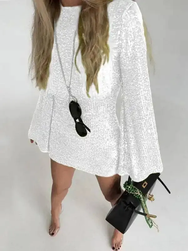 Women’s sequin bell sleeve fashionable casual shiny dress