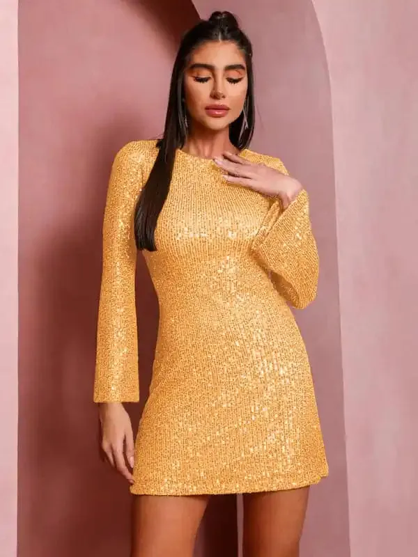 Women’s sequin bell sleeve fashionable casual shiny dress