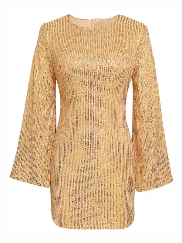 Women’s sequin bell sleeve fashionable casual shiny dress